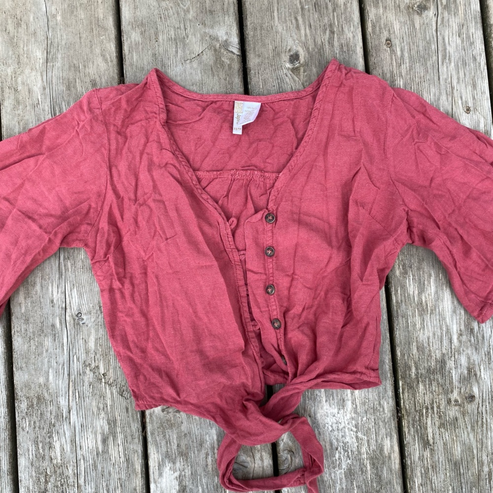 Watermelon Pink Tie Cropped Top, Linen Weave, Tortoise Buttons, Flutter Sleeve